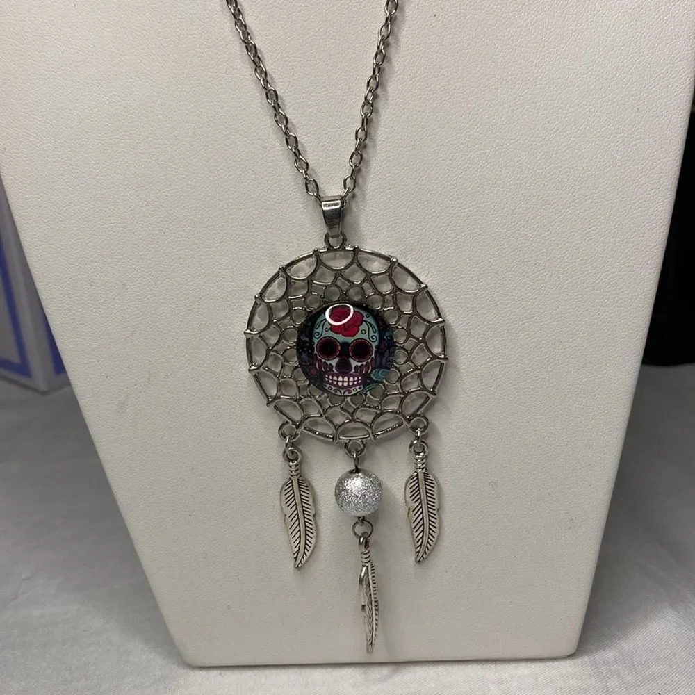 Sugar Skull Dream Catcher Silver Necklace Rose Pendant Day of the Dead Halloween